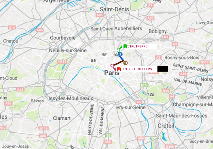 plan itinéraire ratp de Stalingrad à Arts-et-Métiers