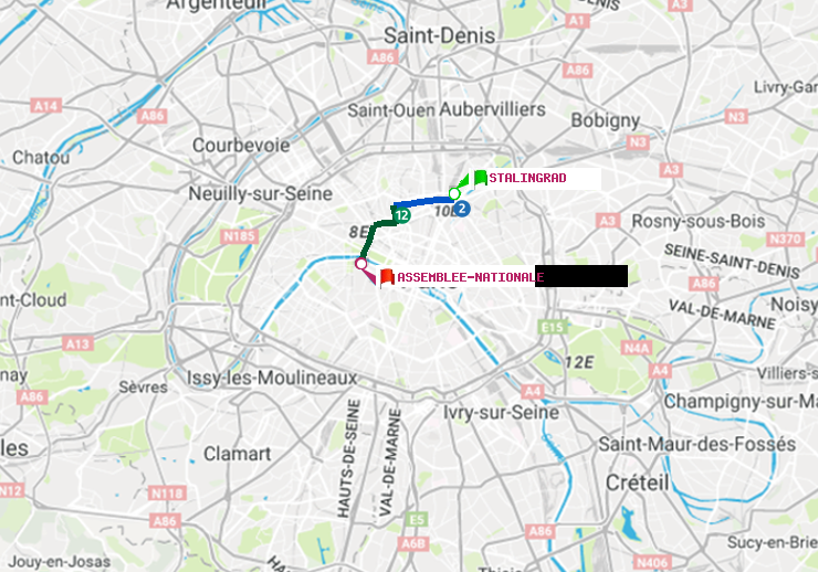 plan itinéraire ratp de Stalingrad à Assemblée Nationale