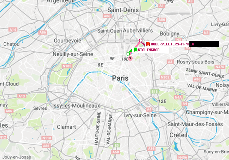 plan itinéraire ratp de Stalingrad à Aubervilliers Pantin (4 Chemins)