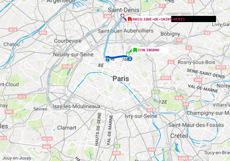 plan itinéraire ratp de Stalingrad à Basilique de Saint-Denis