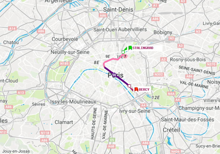 plan itinéraire ratp de Stalingrad à Bercy