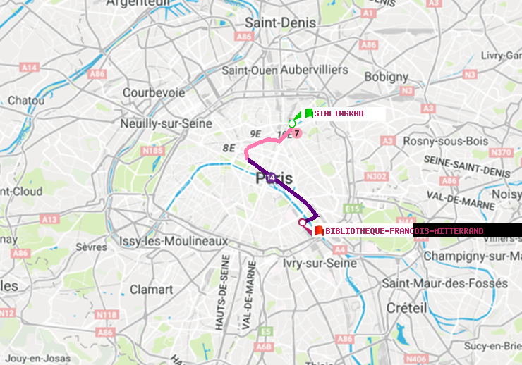 plan itinéraire ratp de Stalingrad à Bibliotheque-Francois Mitterrand