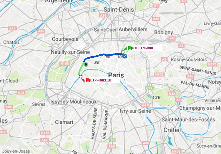 plan itinéraire ratp de Stalingrad à Bir-Hakeim (Grenelle)