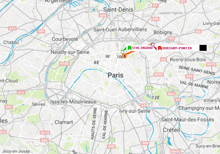 plan itinéraire ratp de Stalingrad à Bobigny-Pantin (Raymond Queneau)