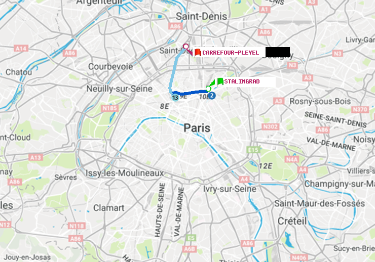 plan itinéraire ratp de Stalingrad à Carrefour-Pleyel