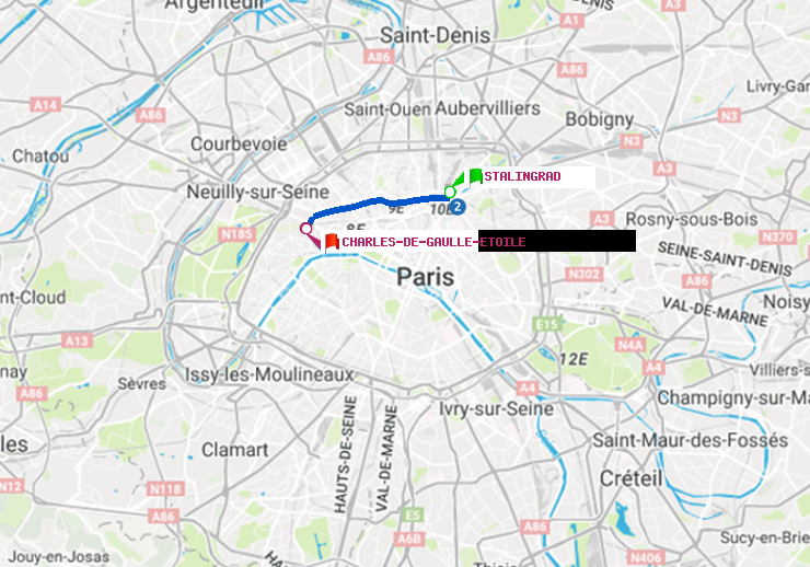 plan itinéraire ratp de Stalingrad à Charles de Gaulle-Etoile