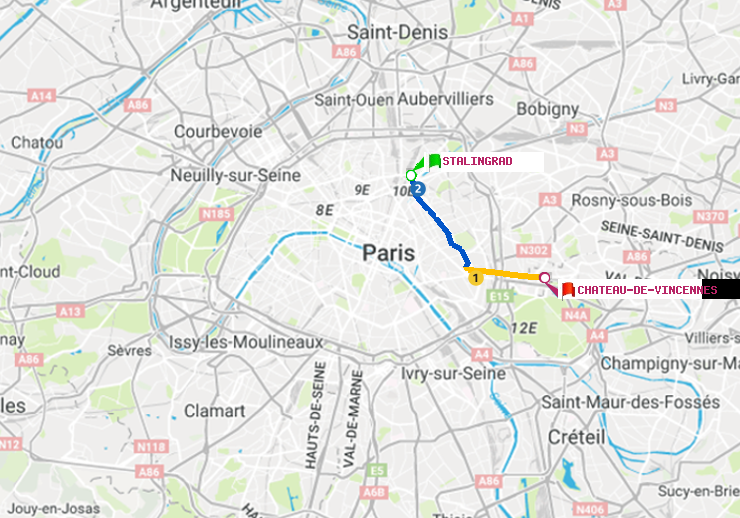 plan itinéraire ratp de Stalingrad à Château de Vincennes