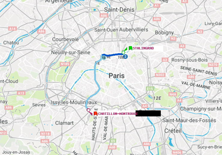 plan itinéraire ratp de Stalingrad à Châtillon Montrouge