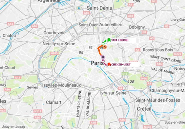 plan itinéraire ratp de Stalingrad à Chemin Vert
