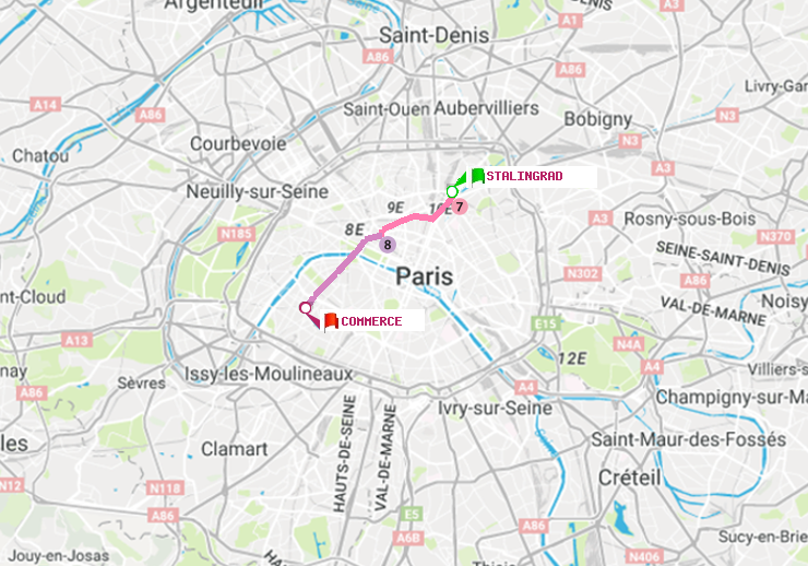 plan itinéraire ratp de Stalingrad à Commerce