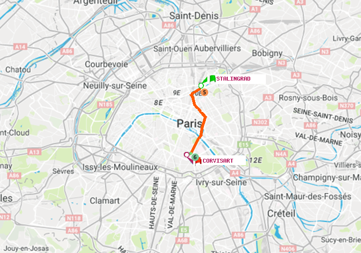 plan itinéraire ratp de Stalingrad à Corvisart