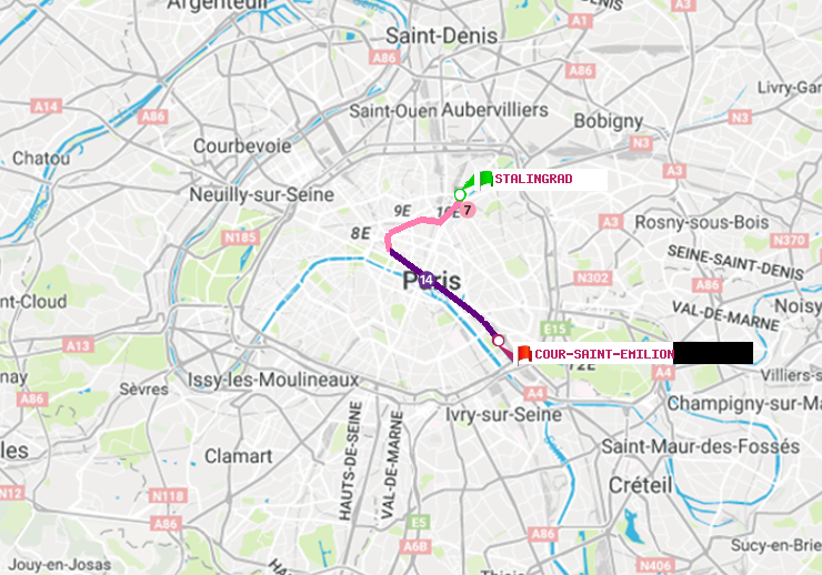 plan itinéraire ratp de Stalingrad à Cour Saint-Emilion