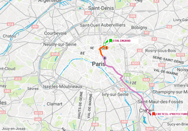 plan itinéraire ratp de Stalingrad à Créteil-Préfecture (Hôtel de Ville)