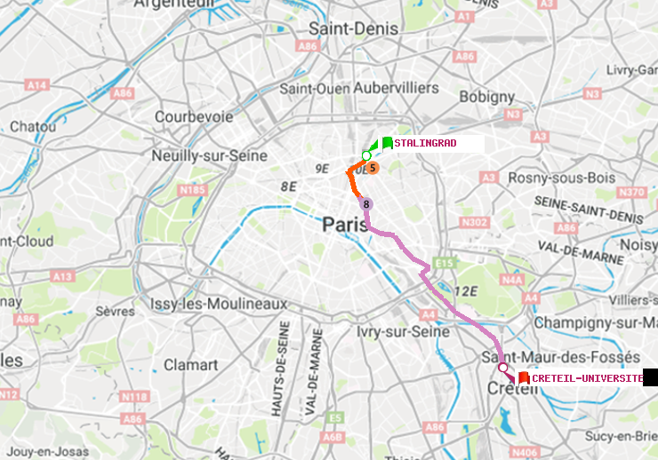 plan itinéraire ratp de Stalingrad à Créteil-Université