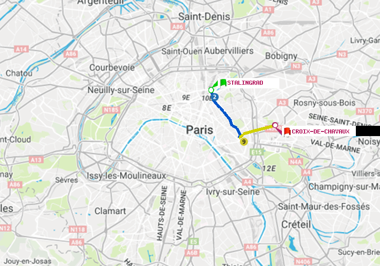 plan itinéraire ratp de Stalingrad à Croix-de-Chavaux (Jacques Duclos)