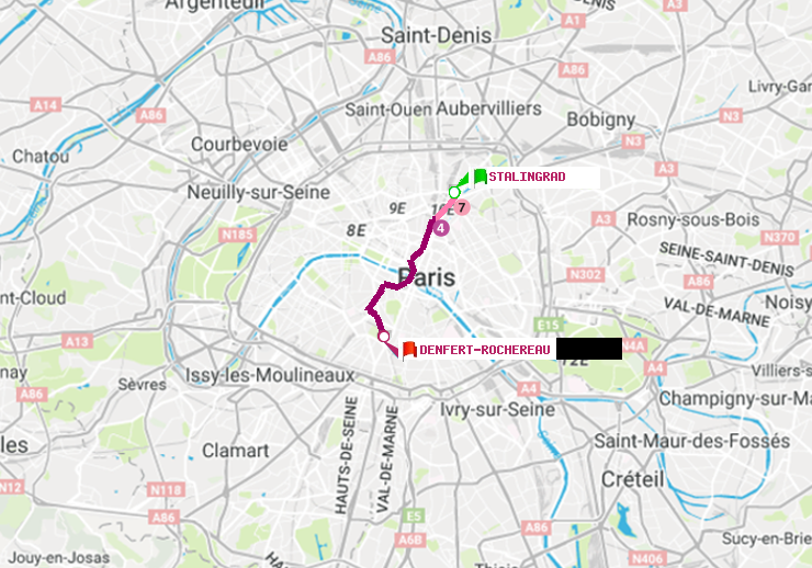 plan itinéraire ratp de Stalingrad à Denfert-Rochereau