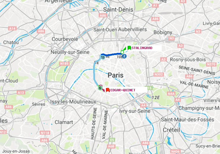 plan itinéraire ratp de Stalingrad à Edgar-Quinet