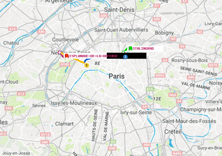 plan itinéraire ratp de Stalingrad à Esplanade de la Défense