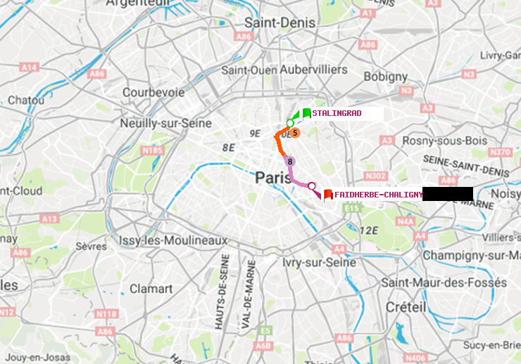 plan itinéraire ratp de Stalingrad à Faidherbe-Chaligny