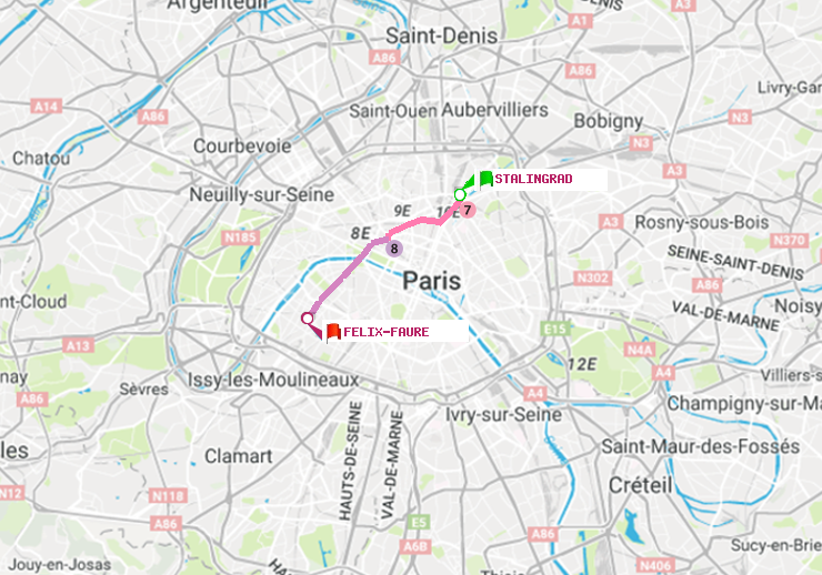 plan itinéraire ratp de Stalingrad à Félix Faure