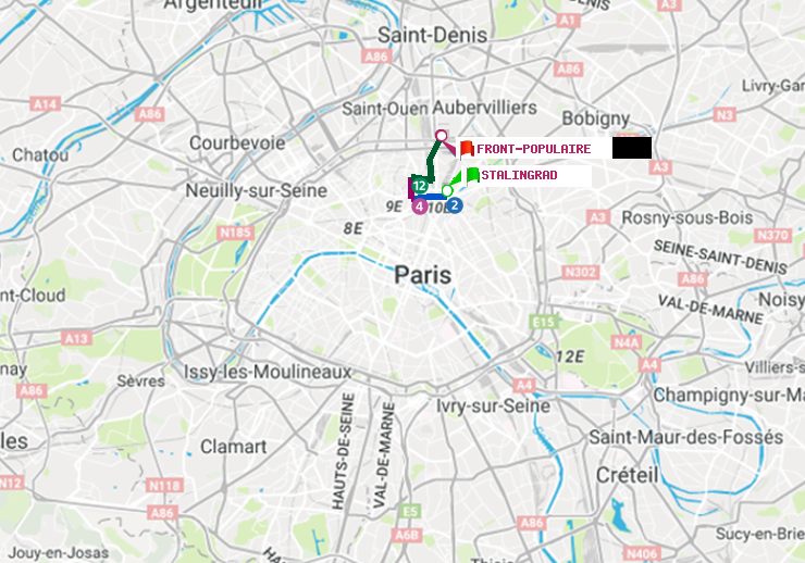 plan itinéraire ratp de Stalingrad à Front Populaire