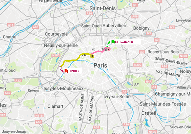 plan itinéraire ratp de Stalingrad à Jasmin