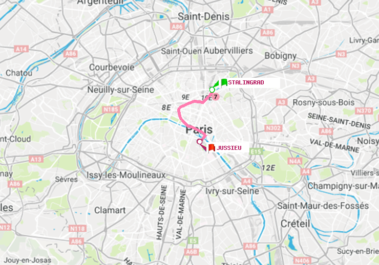 plan itinéraire ratp de Stalingrad à Jussieu