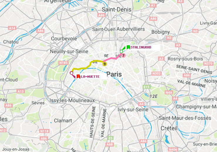 plan itinéraire ratp de Stalingrad à La Muette