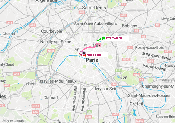 plan itinéraire ratp de Stalingrad à Madeleine