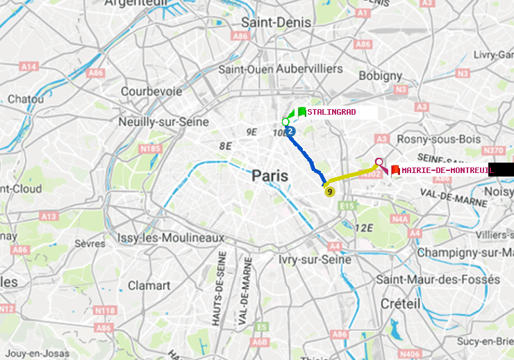 plan itinéraire ratp de Stalingrad à Mairie de Montreuil