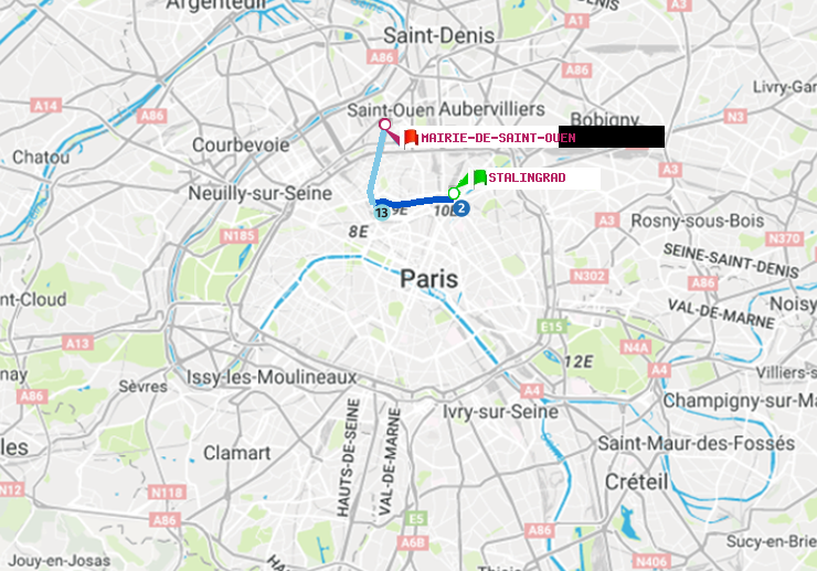 plan itinéraire ratp de Stalingrad à Mairie de Saint-Ouen