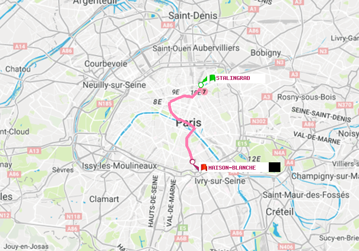 plan itinéraire ratp de Stalingrad à Maison Blanche