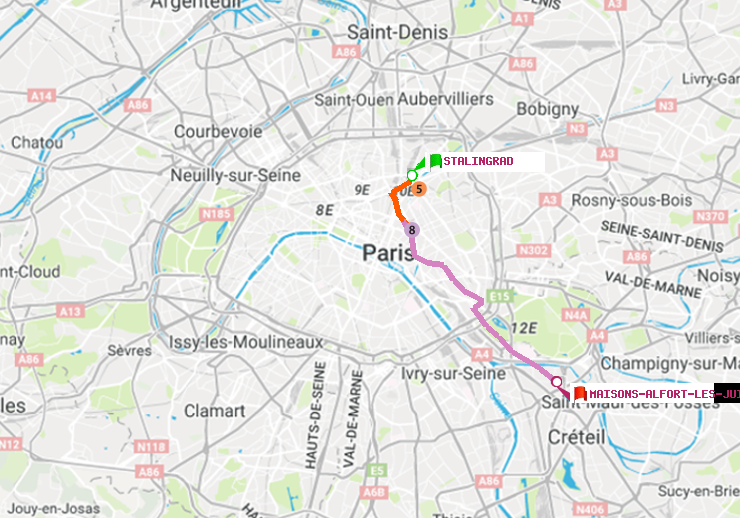 plan itinéraire ratp de Stalingrad à Maisons-Alfort-Les Juilliottes