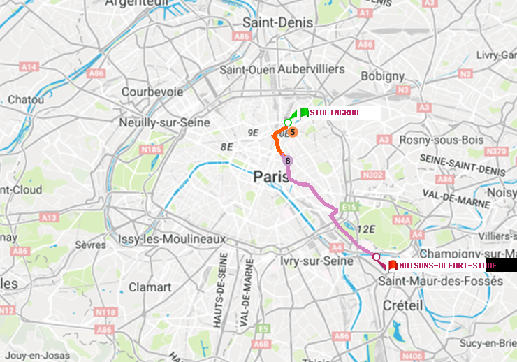 plan itinéraire ratp de Stalingrad à Maisons-Alfort-Stade