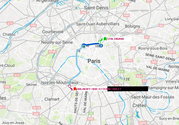 plan itinéraire ratp de Stalingrad à Malakoff-Rue Etienne Dolet