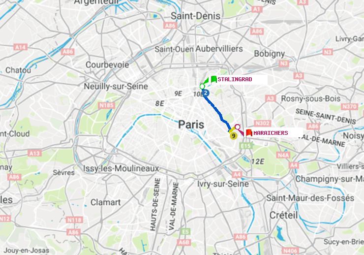 plan itinéraire ratp de Stalingrad à Maraichers