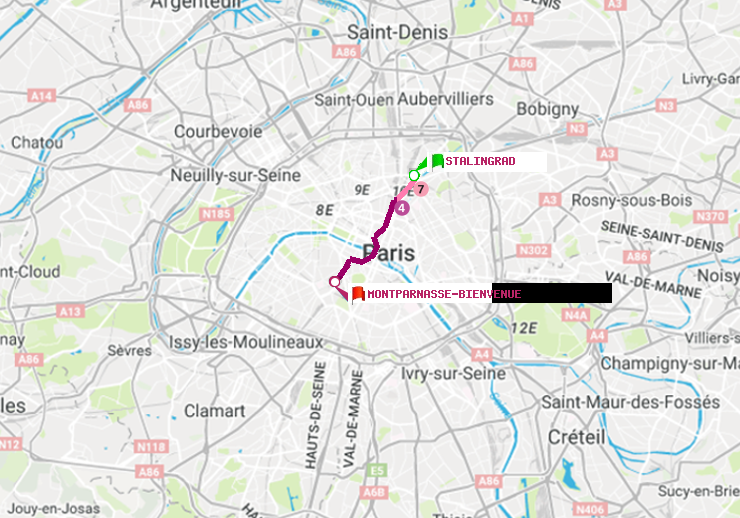 plan itinéraire ratp de Stalingrad à Montparnasse-Bienvenue