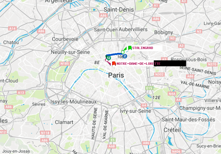 plan itinéraire ratp de Stalingrad à Notre-Dame de Lorette