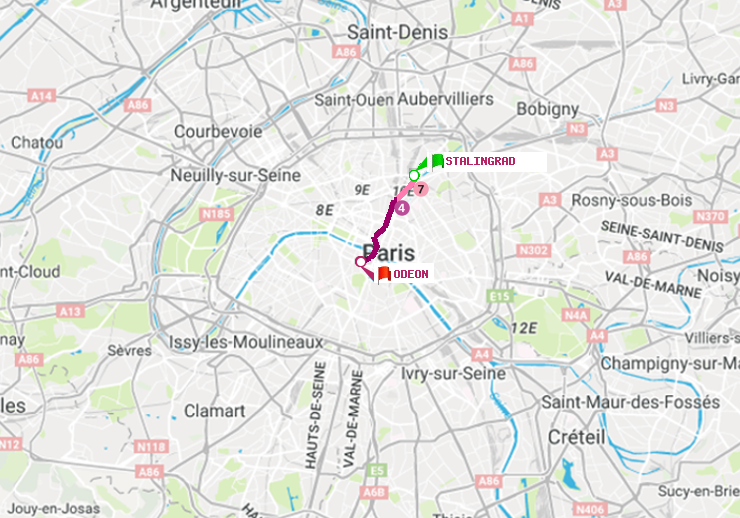 plan itinéraire ratp de Stalingrad à Odéon