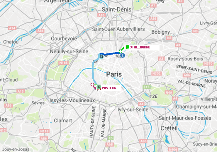 plan itinéraire ratp de Stalingrad à Pasteur