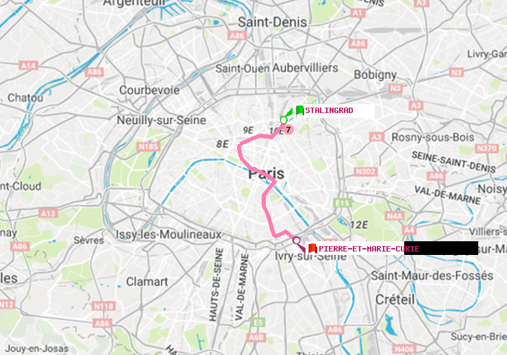 plan itinéraire ratp de Stalingrad à Pierre et Marie Curie