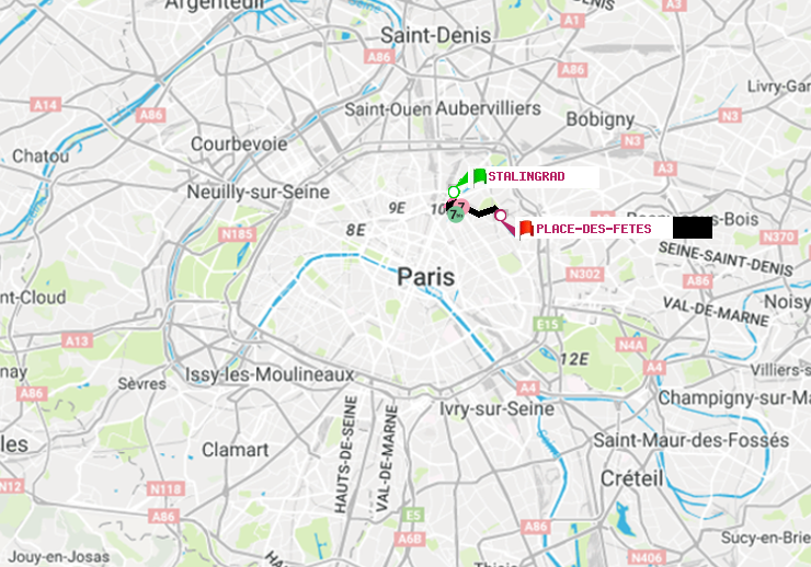 plan itinéraire ratp de Stalingrad à Place des Fêtes