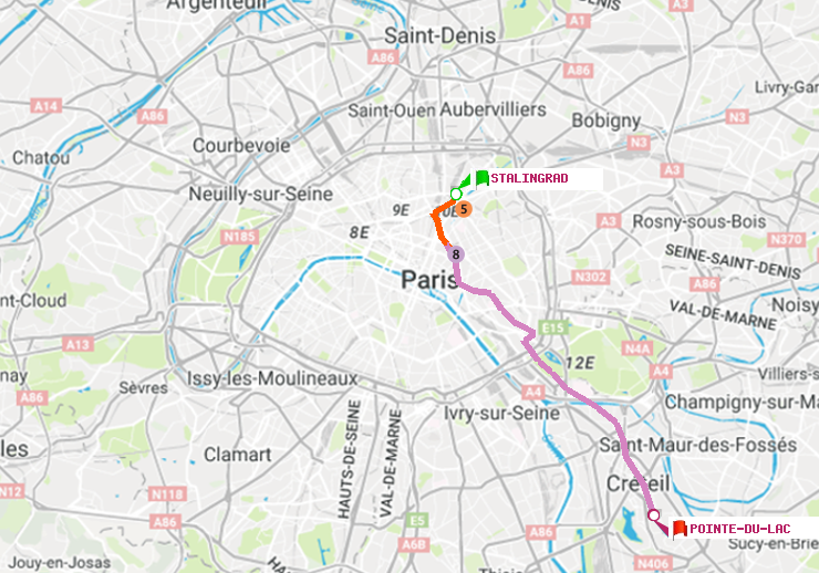 plan itinéraire ratp de Stalingrad à Pointe du Lac