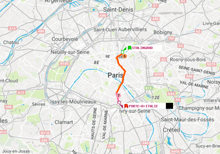 plan itinéraire ratp de Stalingrad à Porte d
