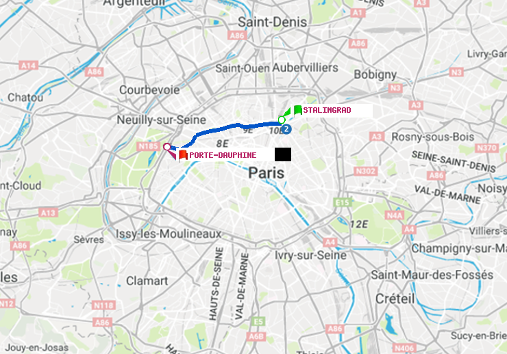 plan itinéraire ratp de Stalingrad à Porte Dauphine (Maréchal de Lattre de Tassigny)