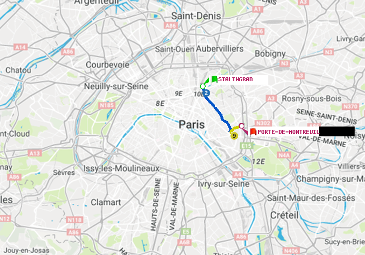 plan itinéraire ratp de Stalingrad à Porte de Montreuil