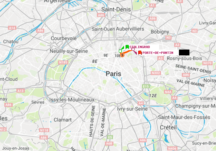 plan itinéraire ratp de Stalingrad à Porte de Pantin