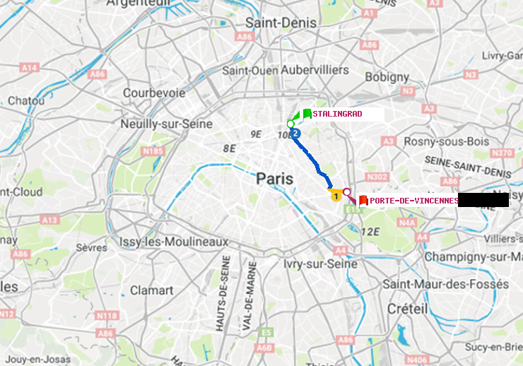 plan itinéraire ratp de Stalingrad à Porte de Vincennes