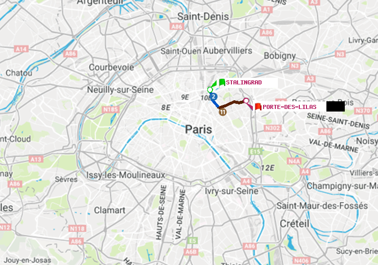 plan itinéraire ratp de Stalingrad à Porte des Lilas