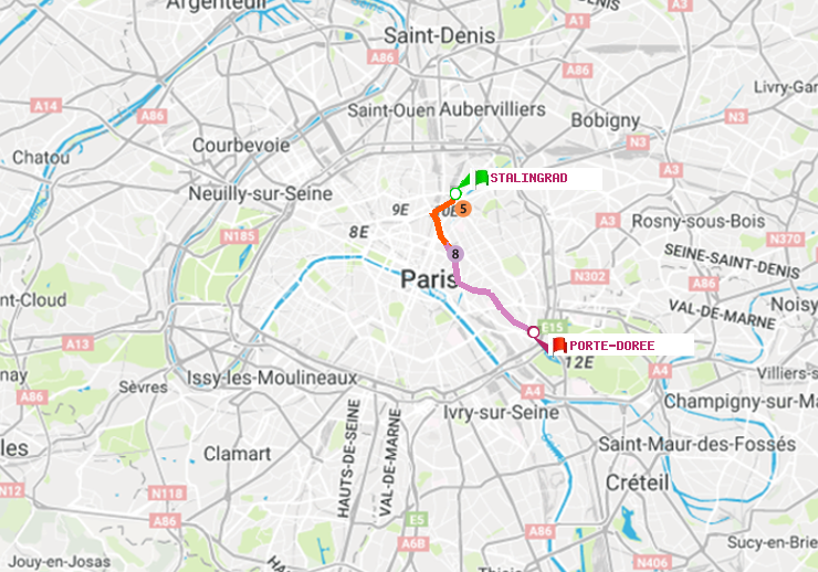 plan itinéraire ratp de Stalingrad à Porte Dorée